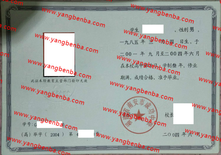 福建省南安市成功中学高中毕业证样本