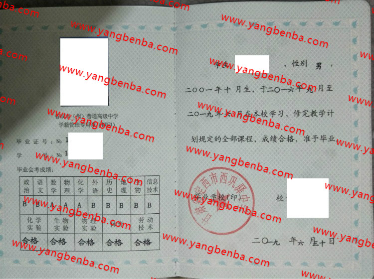 甘肃省定西市西巩驿中学高中毕业证样本
