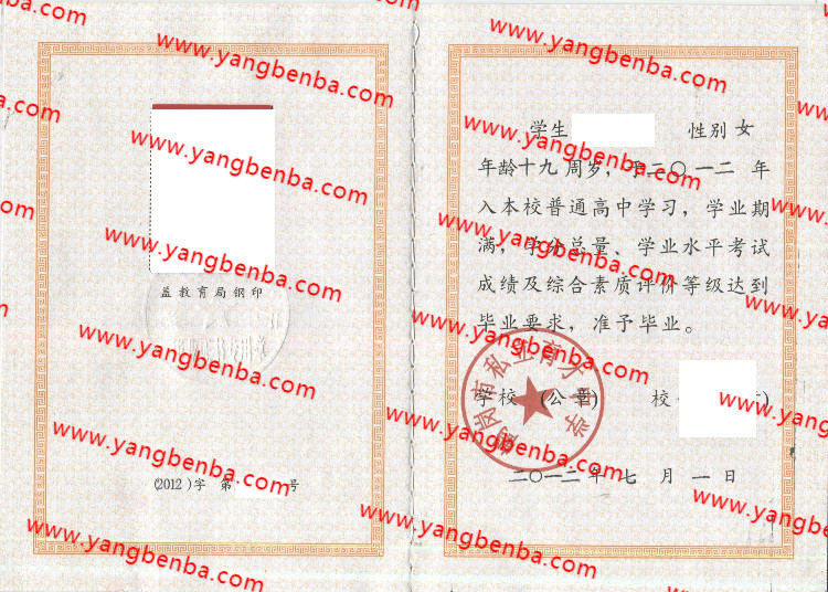 鹤岗市私立育才中学高中毕业证样本