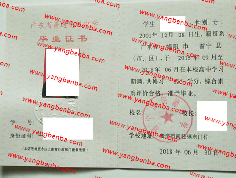 普宁市民德中学高中毕业证样本