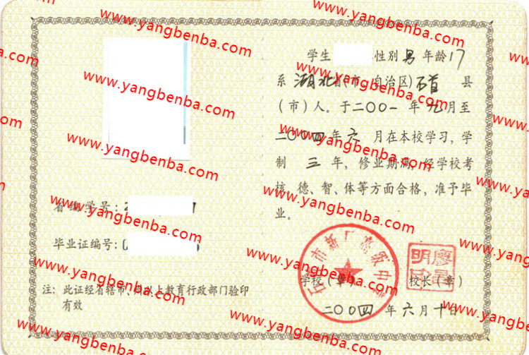 石首市新厂高级中学高中毕业证样本