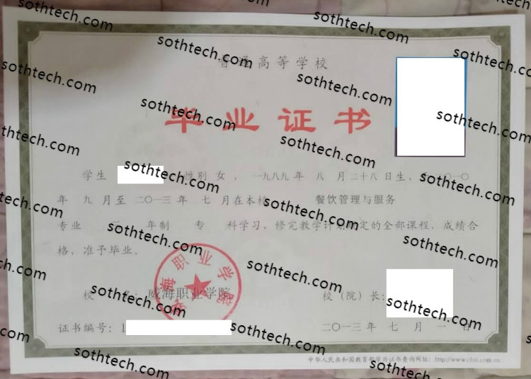 2013威海职业学院毕业证样本