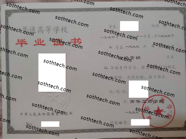 1999南华工商学院毕业证样本