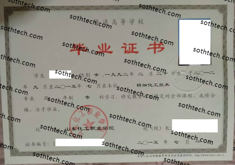 2015山东化工职业学院毕业证样本