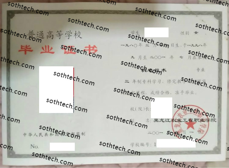 2001黑龙江农业工程职业学院毕业证样本