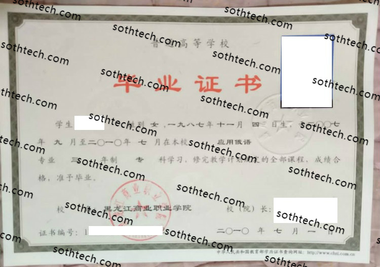 2010黑龙江商业职业学院毕业证样本