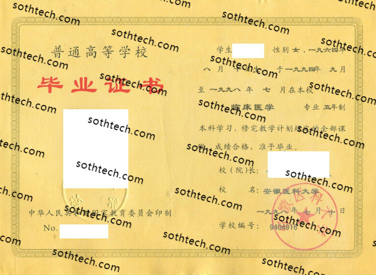1998安徽新华学院毕业证样本