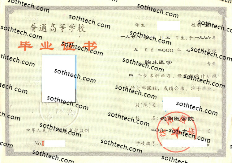 2001沈阳医学院毕业证样本