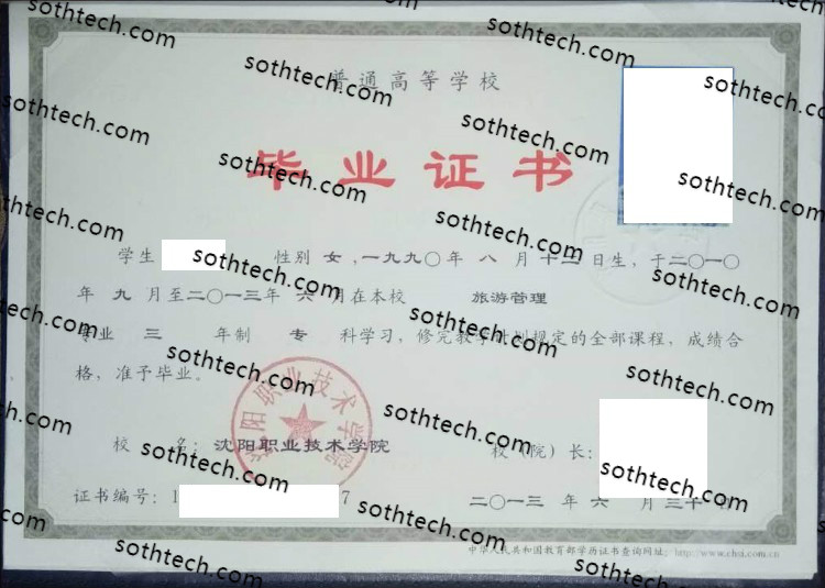 2013沈阳职业技术学院毕业证样本