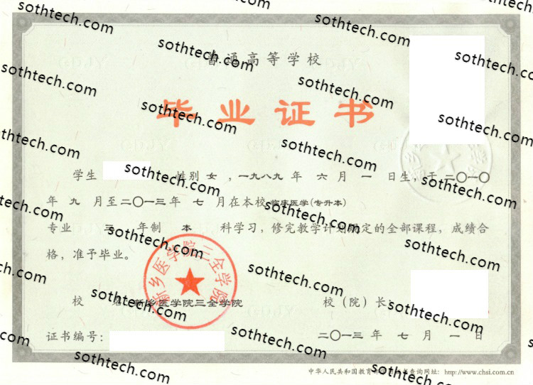 2013新乡医学院三全学院毕业证样本