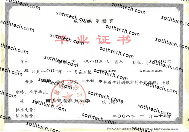 2008成教西安建筑科技大学毕业证样本