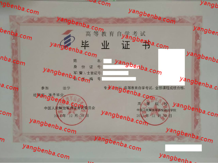 中国人民解放军西安政治学院毕业证样本
