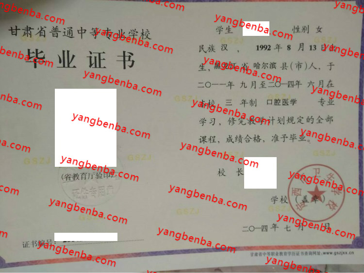 定西市卫生学校中专毕业证样本