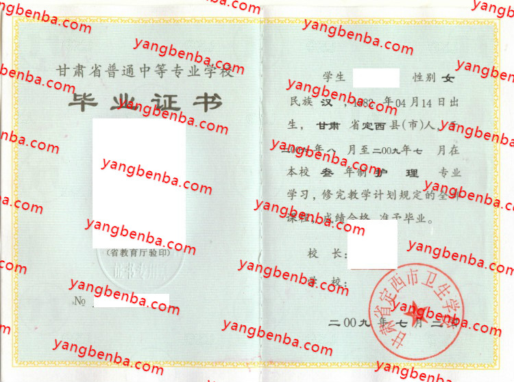 甘肃省定西市卫生学校中专毕业证样本