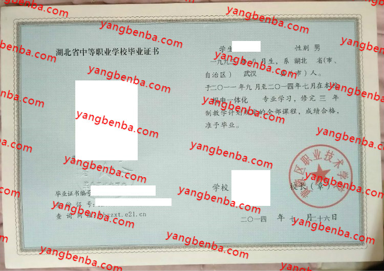 黄陂区职业技术学校中专毕业证样本