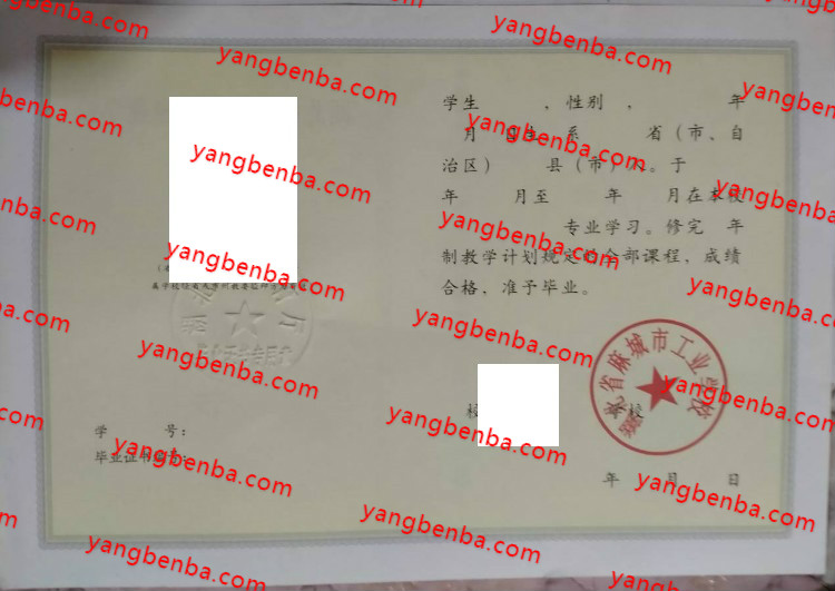 湖北省麻城市工业学校中专毕业证样本