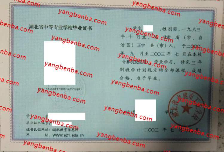 湖北省孝感市工业学校中专毕业证样本