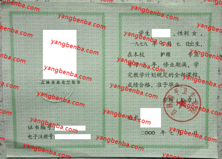 吉林四平卫生学校中专毕业证样本