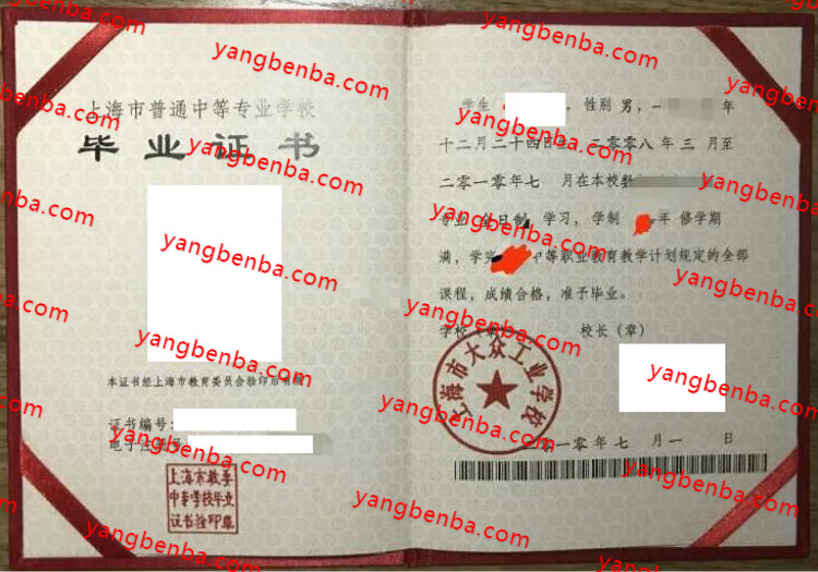 上海市大众工业学校中专毕业证样本