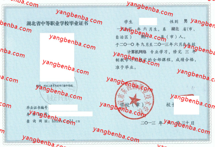 武汉市东西湖职业技术学校中专毕业证样本
