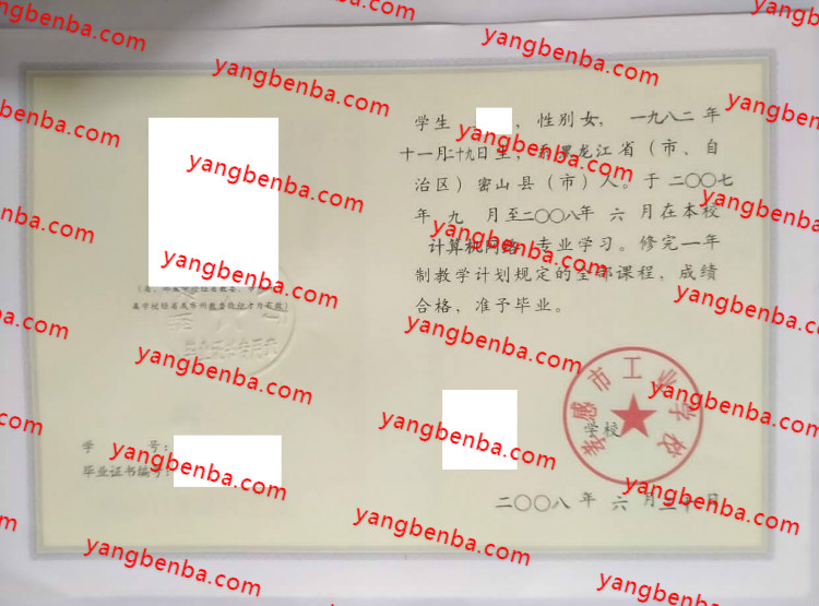 孝感市工业学校中专毕业证样本