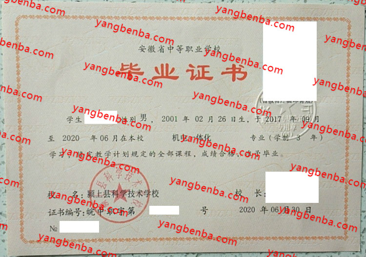 颍上县科学技术学校中专毕业证样本