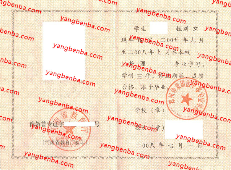 郑州仲景国医中等专业学校中专毕业证样本