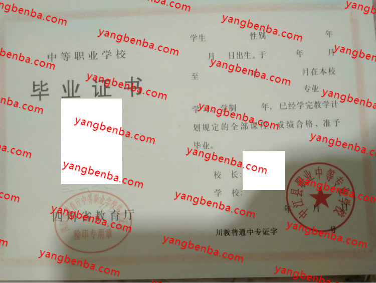 中江县职业中等专业学校中专毕业证样本