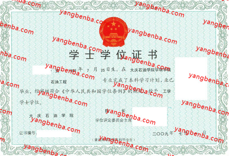 大庆石油学院学士学位证书样本