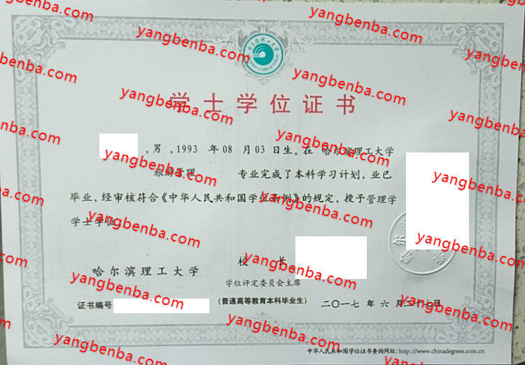 2017哈尔滨理工大学学士学位证书样本