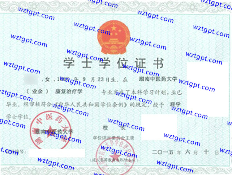 湖南中医药大学学士学位证书样本