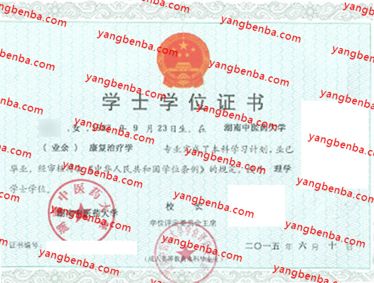 湖南中医药大学学士学位证书样本