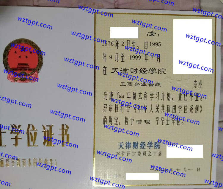 天津财经学院学士学位证书样本