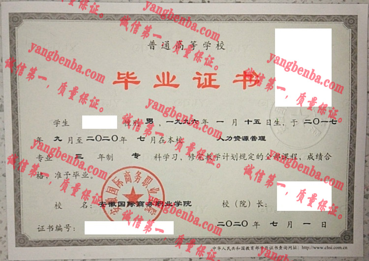 安徽国际商务职业学院毕业证样本