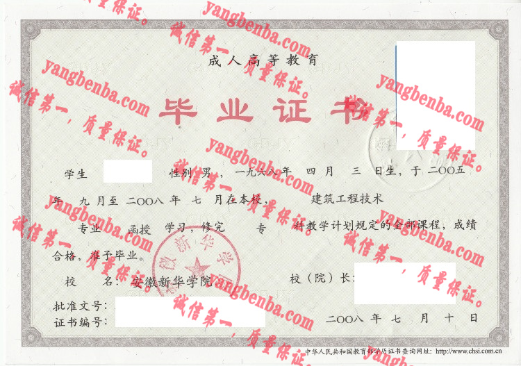 安徽新华学院毕业证样本