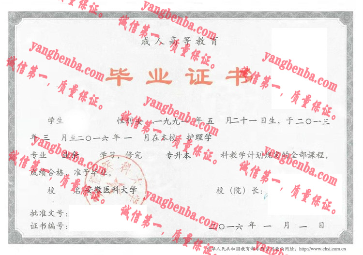 安徽医科大学毕业证样本