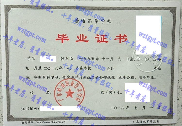 广东岭南职业技术学院毕业证样本