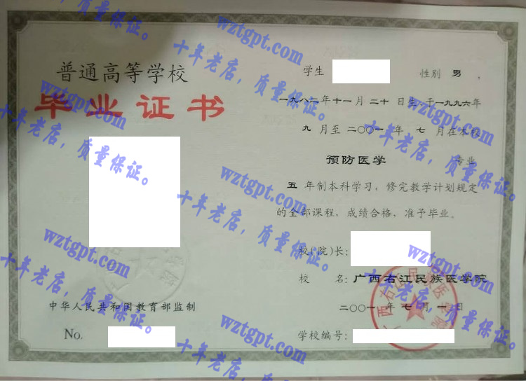 广西右江民族医学院毕业证样本