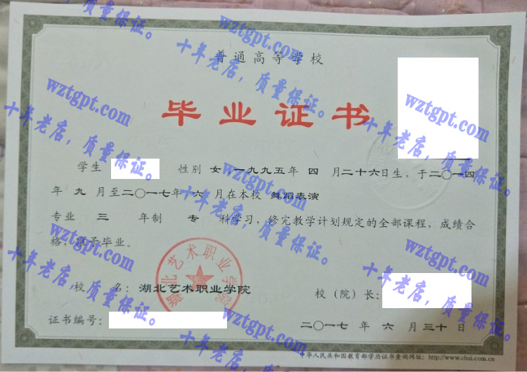 湖北艺术职业学院毕业证样本