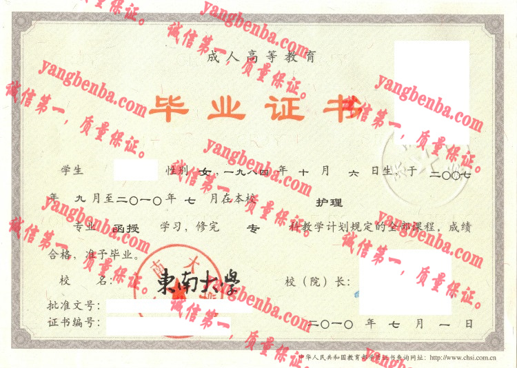 东南大学毕业证样本