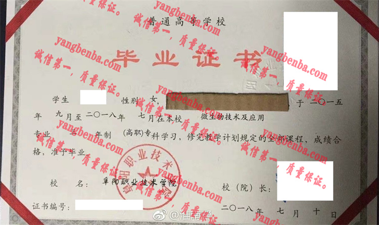 阜阳职业技术学院毕业证样本