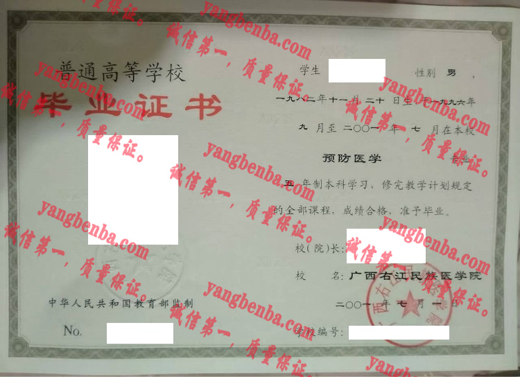 广西右江民族医学院毕业证样本