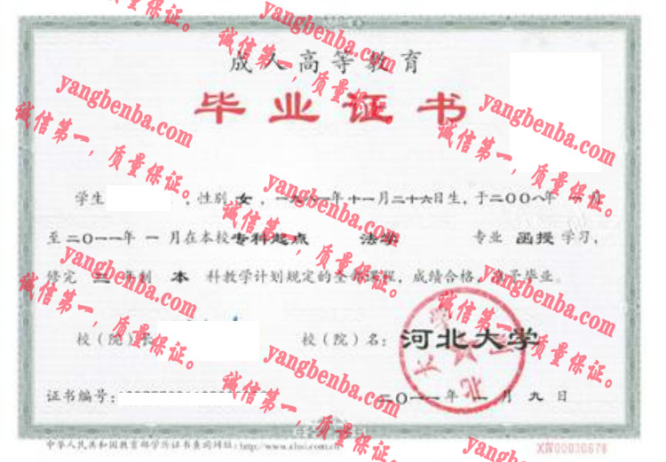 河北大学毕业证样本