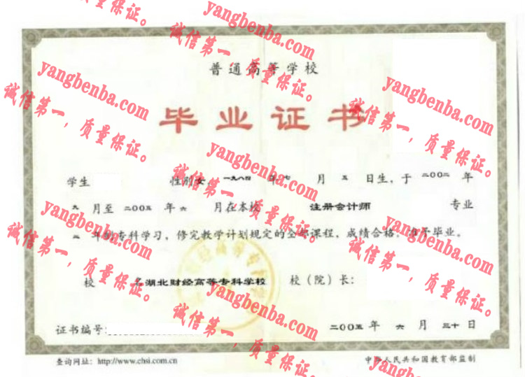 湖北财经高等专科学校毕业证样本