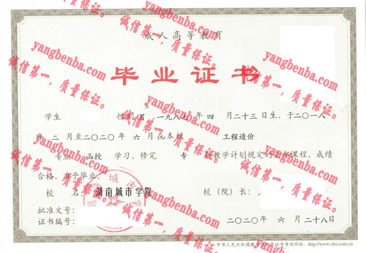 湖南城市学院毕业证样本