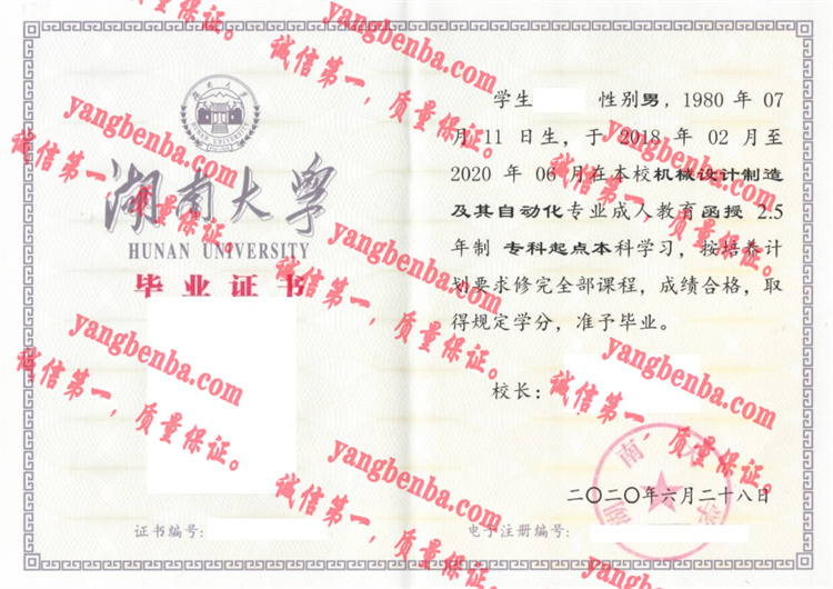 湖南大学毕业证样本