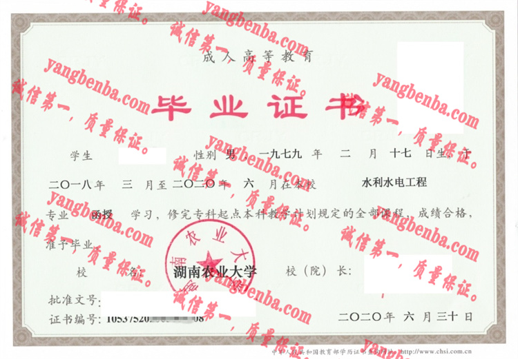 湖南农业大学毕业证样本