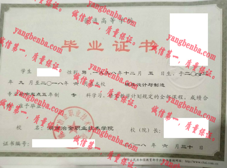 湖南冶金职业技术学院毕业证样本