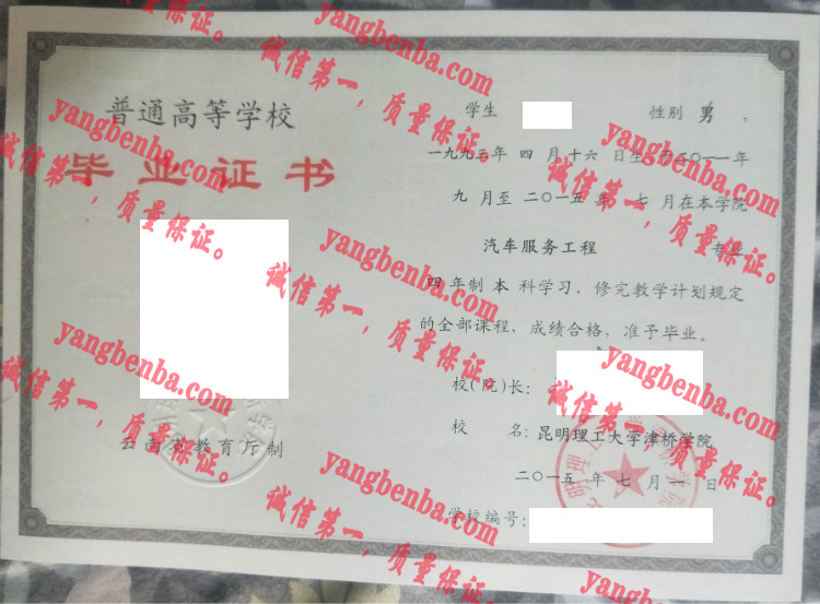 昆明理工大学津桥学院毕业证样本