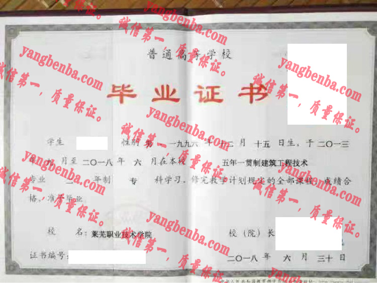 莱芜职业技术学院毕业证样本